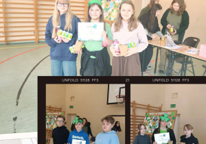 Uczniowie biorący udział w konkursie prezentują dyplomy.