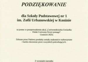 Podziękowanie dla SP1 od Polskiego Czerwonego Krzyża