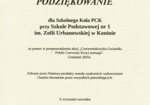 Podziękowanie dla SP1 od Polskiego Czerwonego Krzyża