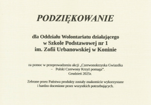Podziękowanie dla SP1 od Polskiego Czerwonego Krzyża