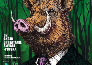 Plakat promujący akcję, przedstawiający dzika w garniturze